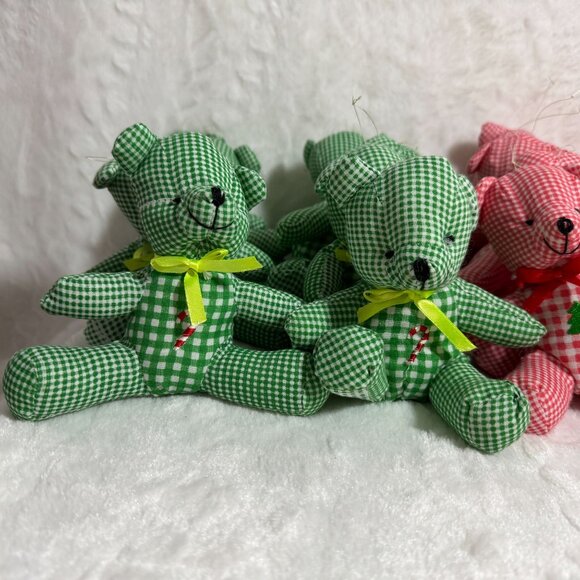 Set Of 24 Vintage Gingham Christmas Teddy Bear Ornaments Ribbon Bow & Embroidery - Picture 3 of 9